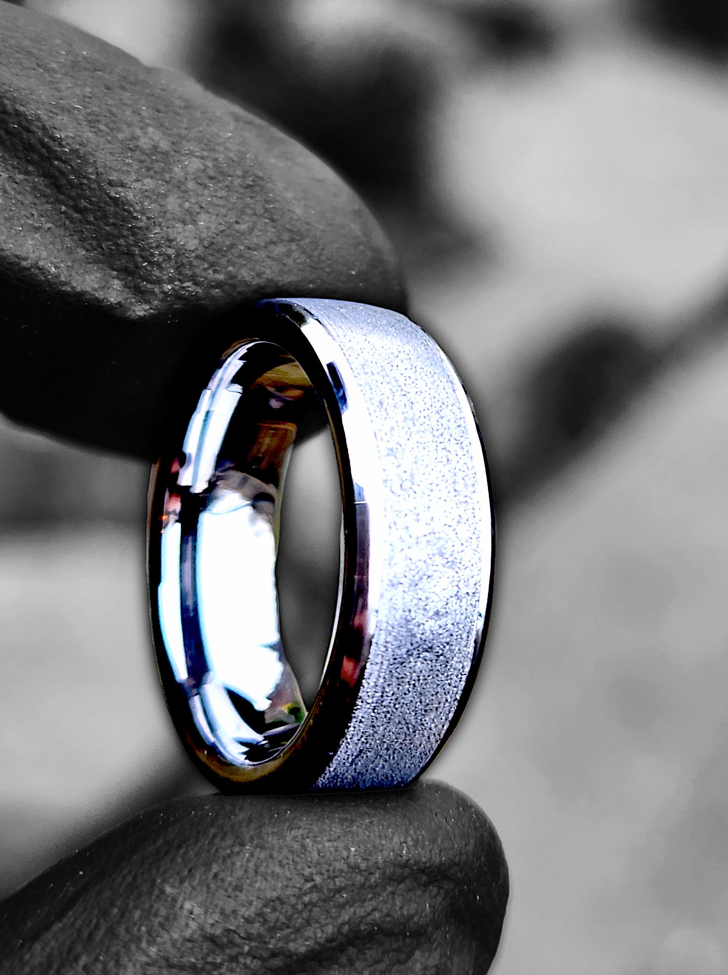 Elegant silver ring with a textured surface, showcasing the allure of cosmic meteorite design. Bespoke Space, Meteorite Rings