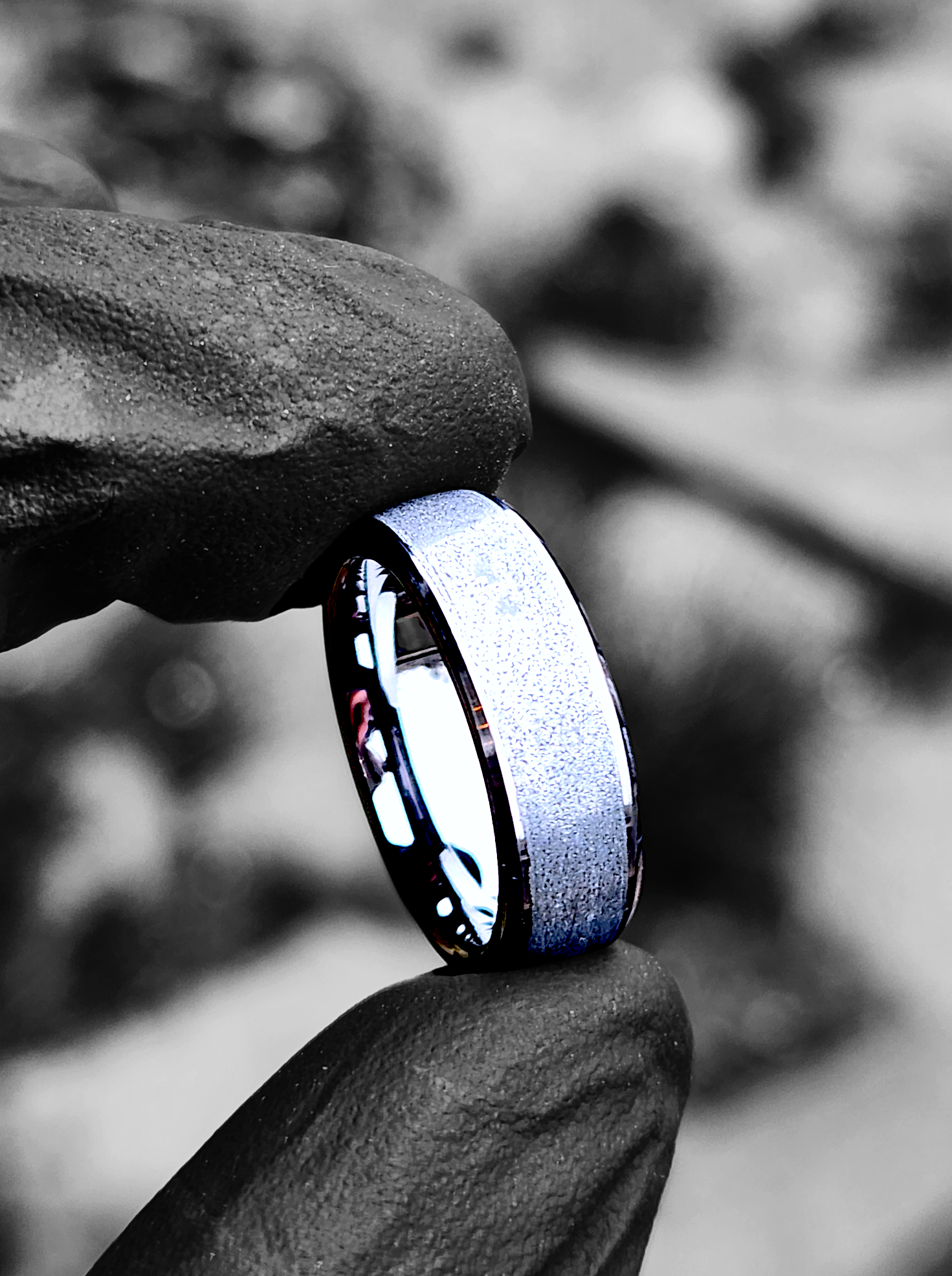 Silver Aurora Meteorite Bands, Bespoke Space, Meteorite Rings