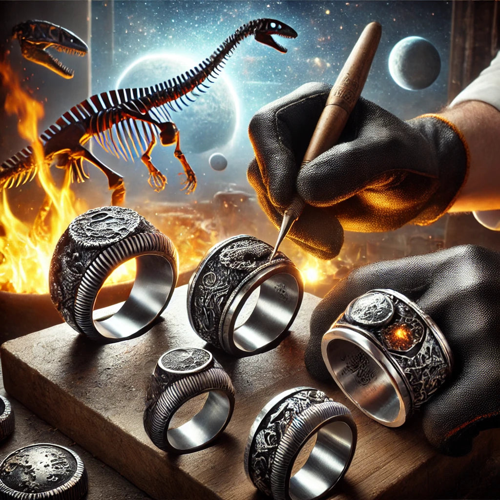 A high-resolution image of an artisan workshop crafting custom dinosaur fossil rings. The rings feature dinosaur bone fragments embedded in sleek silv