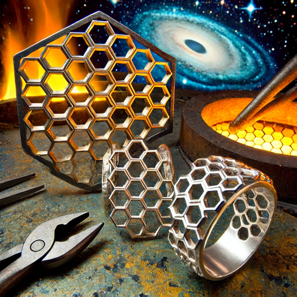 A high-resolution image of custom rings inspired by the honeycomb design of the James Webb Space Telescope. The rings feature intricate honeycomb