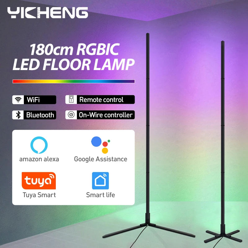 Promotional image of the 180CM RGBIC LED Smart Floor Lamp by BESPOKE SPACE. Features include WiFi, remote control, Bluetooth, on-wire controller, and compatibility with Amazon Alexa, Google Assistant, Tuya Smart, and Smart Life. Enhance your modern home decor with smart voice control. Multicolored lighting effects in the background.