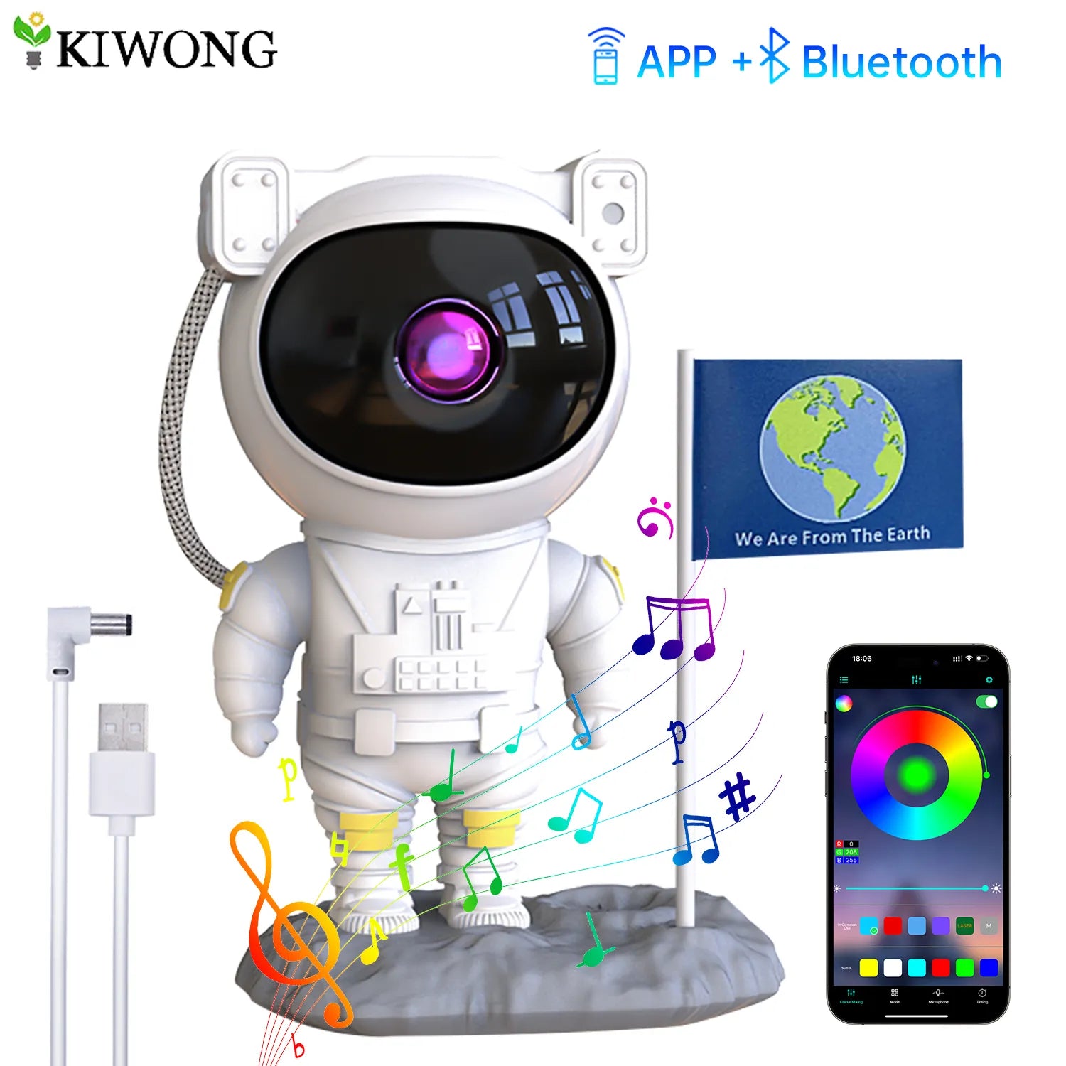 Prosiector Astronaut Galaxy: Golau Nos Nebula gyda Llefarydd Bluetooth